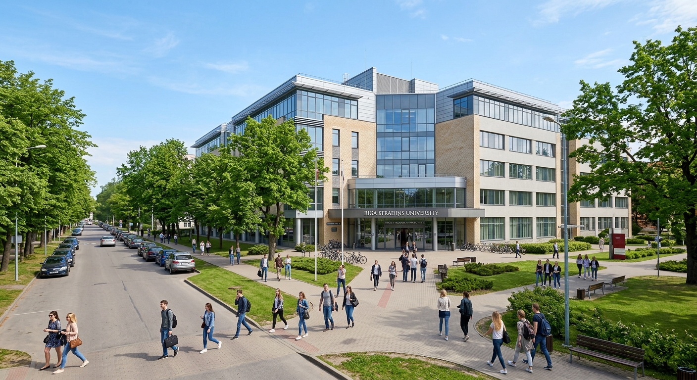 Riga Stradiņš University main building at 16 Dzirciema iela in Riga, Latvia, modern academic campus with European architecture, green trees lining the street, clear sky, students walking on campus pathways