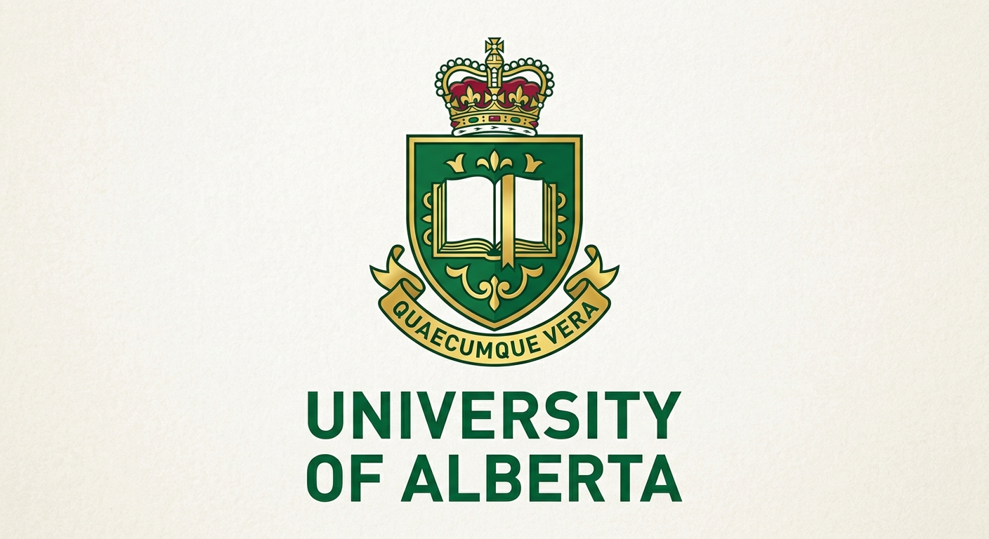 University of Alberta official logo, green and gold shield crest with open book and crown, text reading University of Alberta