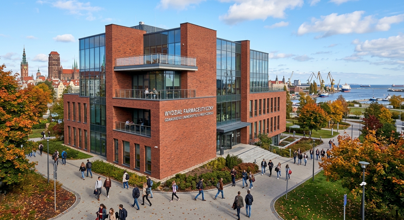 Modern Faculty of Pharmacy building at Medical University of Gdansk, red brick architecture with glass elements, students walking on campus pathways, Baltic Sea coastal city skyline in the background, bright autumn day