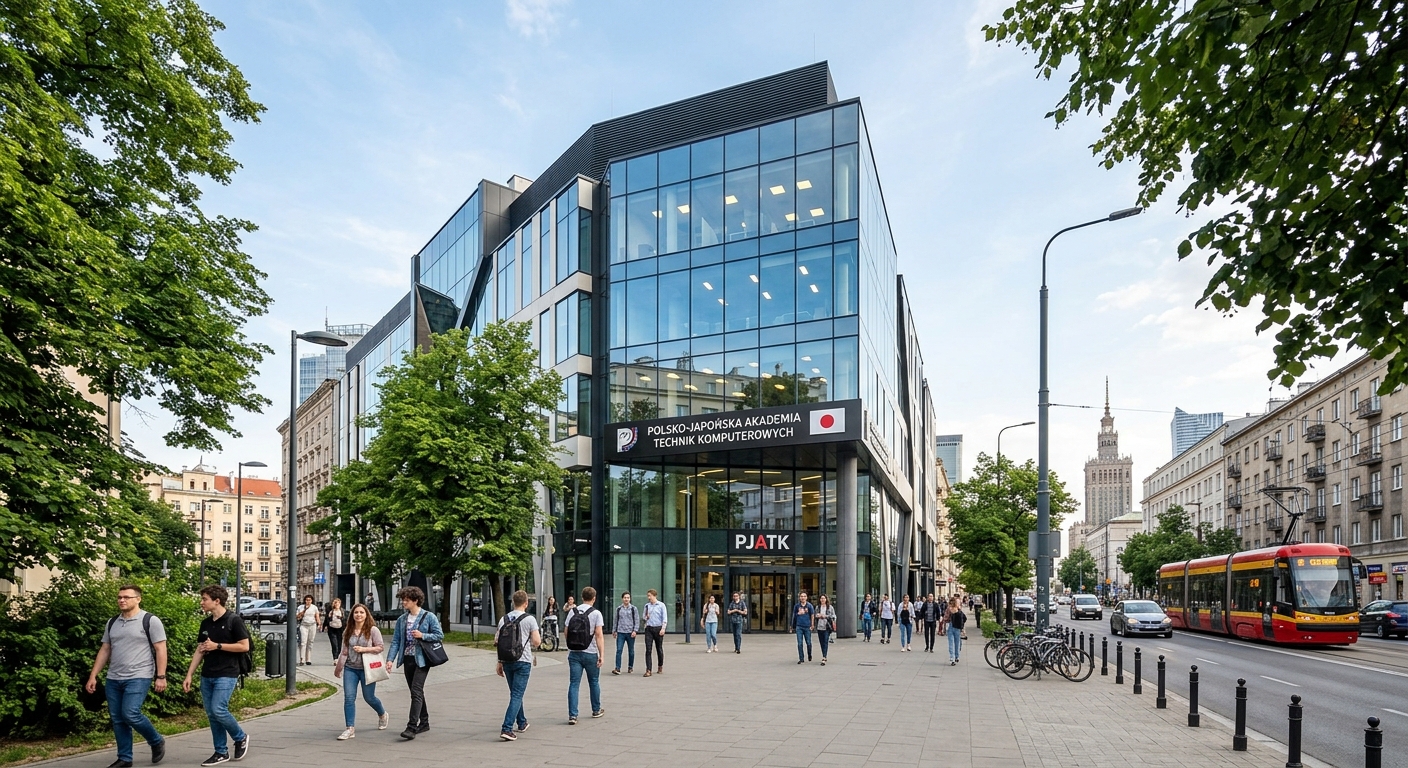 Polish-Japanese Academy of Information Technology modern campus building on Koszykowa Street in central Warsaw, contemporary architecture with glass facades, students walking on sidewalks, urban setting with trees and Polish cityscape in background, clear daytime sky