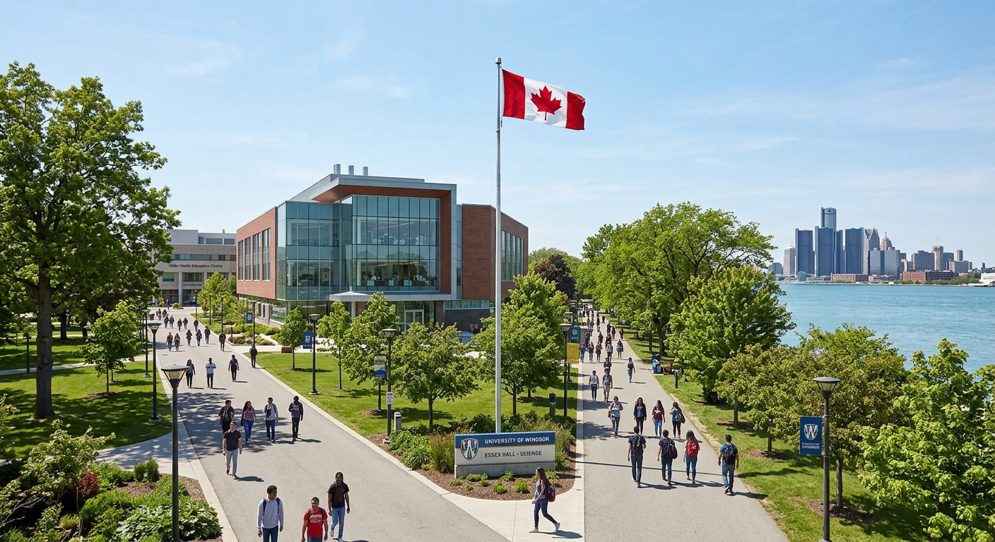 University of Windsor campus with modern science building, students walking on tree-lined pathways, Canadian flag visible, clear sky over Windsor Ontario waterfront