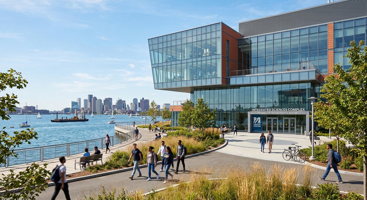 UMass Boston Integrated Sciences Complex, modern glass and steel research building with harbor views, students walking on pathways, sunny day