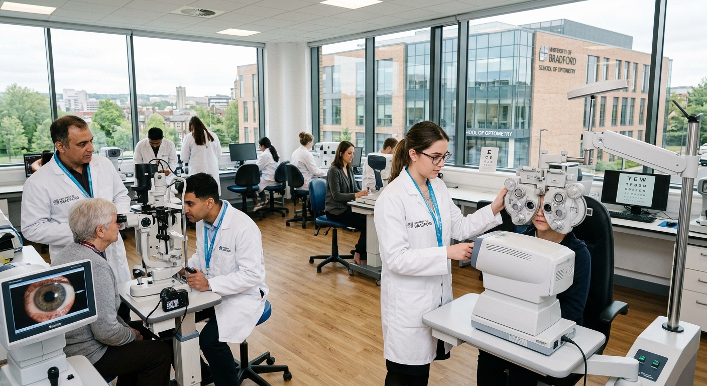 University of Bradford optometry campus building with modern clinical facilities, students in white coats practicing eye examinations in a bright optometry clinic, professional healthcare education environment in West Yorkshire England