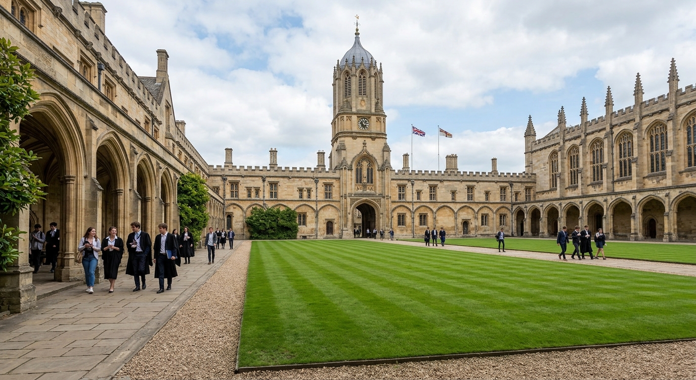 Christ Church College Great Quadrangle with manicured green lawn, Gothic stone archways, Tom Tower in the background, students walking through cloisters