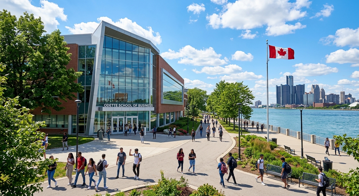 University of Windsor campus along the Detroit River, modern Odette School of Business building with glass facade, students walking on tree-lined pathways, Canadian flag visible, clear blue sky