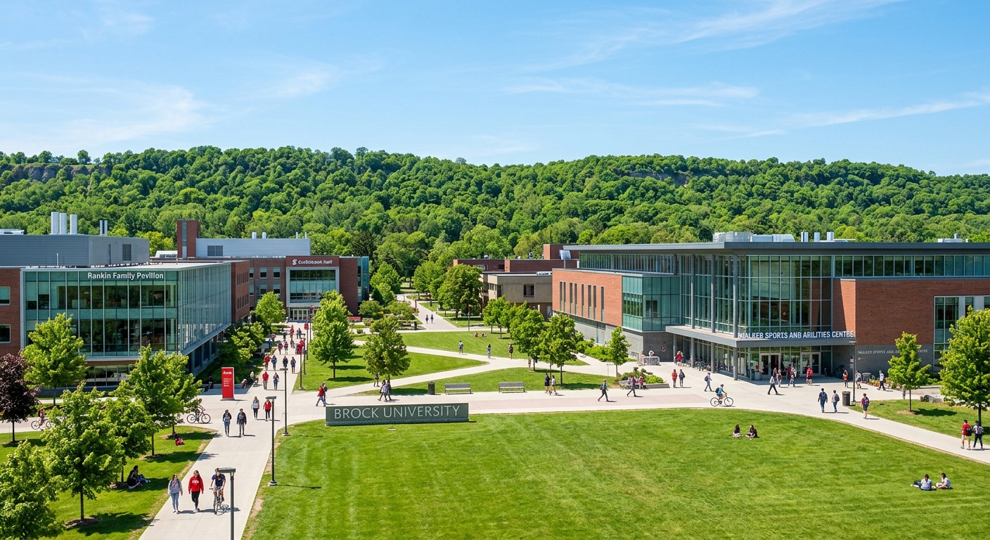 Brock University campus in the Niagara region with modern athletic and academic facilities, green lawns, and the Niagara Escarpment visible in the background under clear blue skies