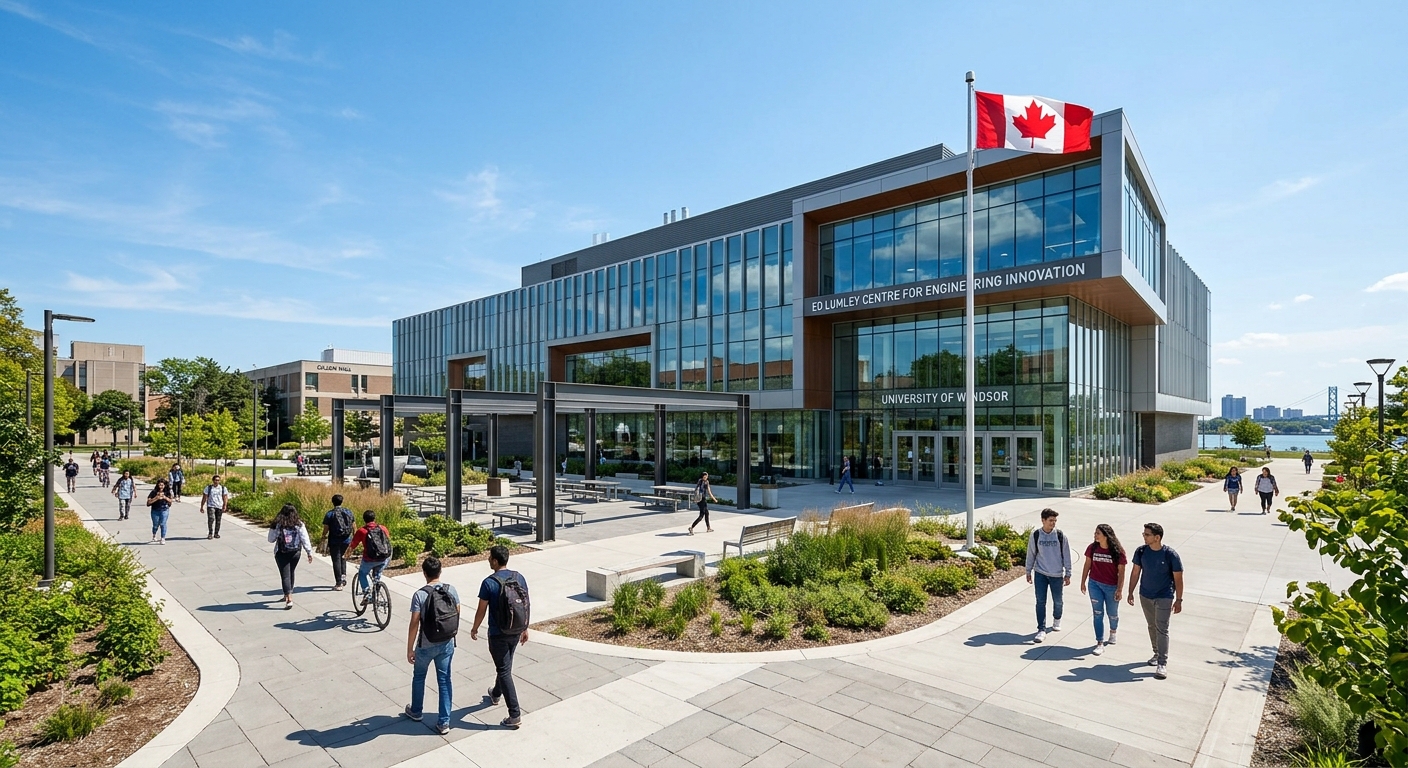 Ed Lumley Centre for Engineering Innovation at University of Windsor, modern glass and steel building with industrial courtyard, students walking on campus paths, Canadian flag, clear sky over Windsor Ontario