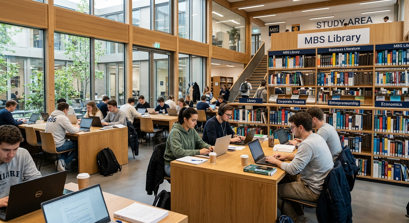 Munich Business School library and study area, students working on laptops, bookshelves with business literature, bright modern interior design
