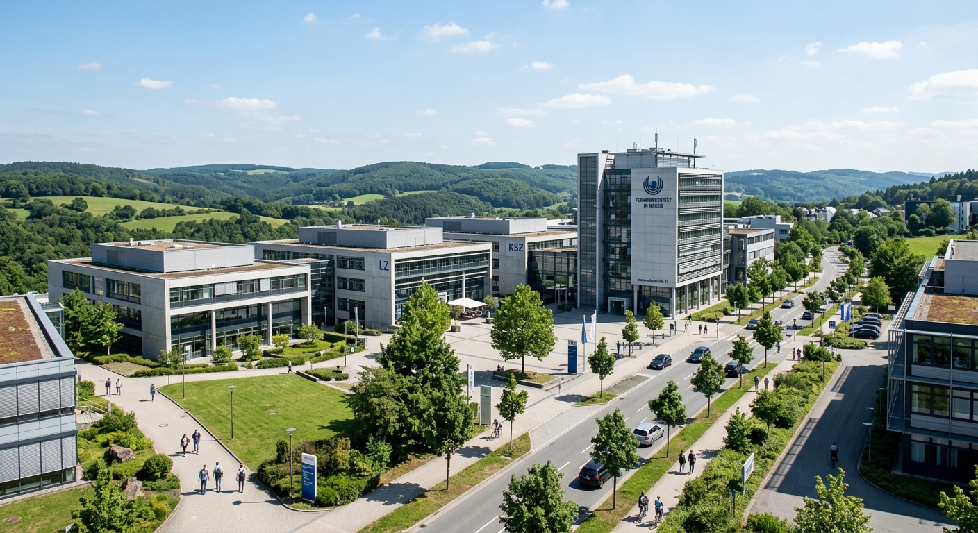 FernUniversität in Hagen campus wide shot, modern university buildings along Universitätsstraße, green hills of North Rhine-Westphalia in background, clear sky, European distance learning university setting