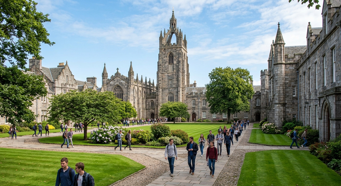 Historic granite buildings of the University of Aberdeen campus in Scotland, with green lawns and the iconic King's College crown tower visible against a blue sky, students walking along pathways