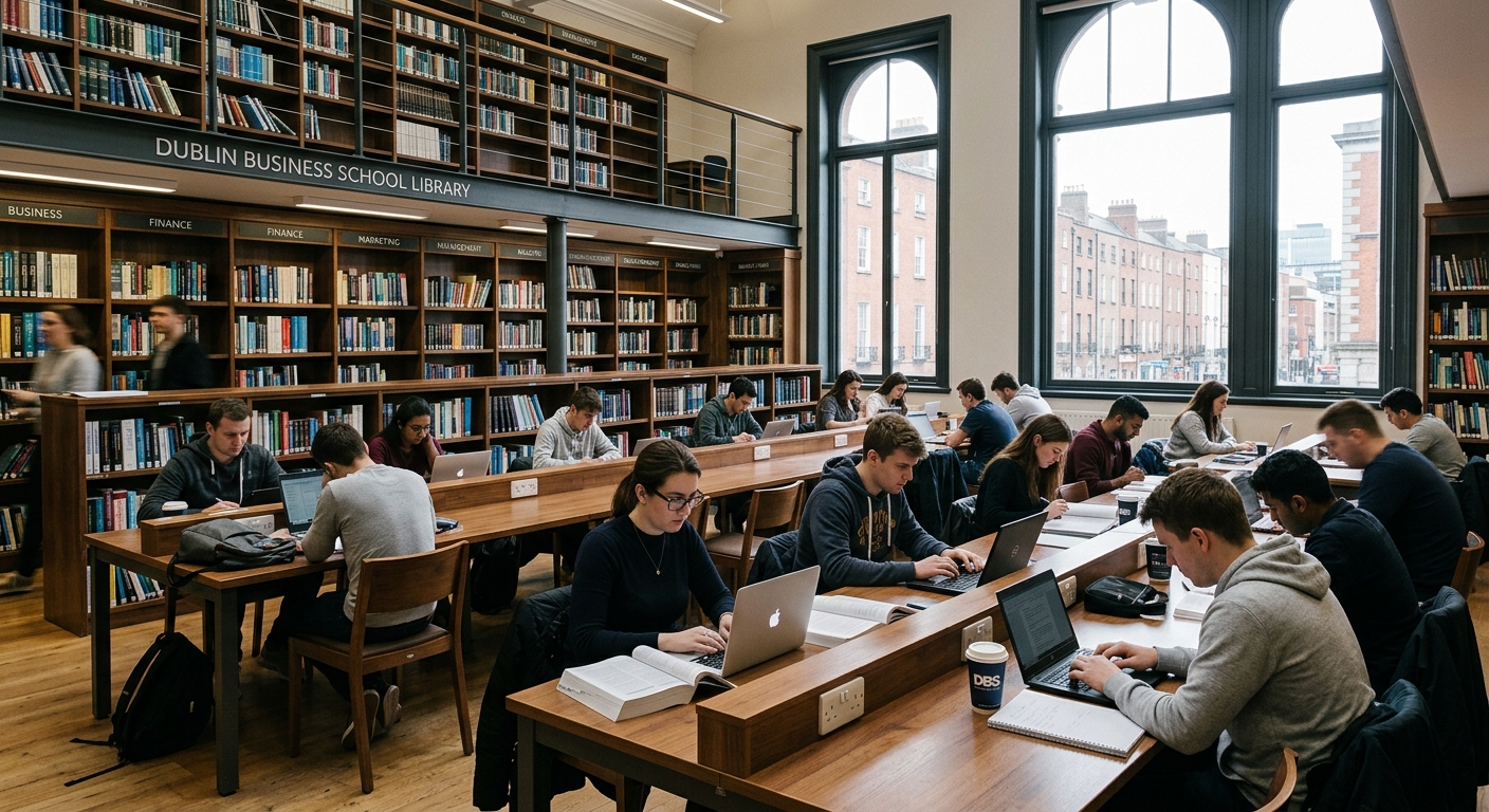 Dublin Business School library interior, students studying at desks with laptops, bookshelves lined with resources, quiet study atmosphere, natural light from windows