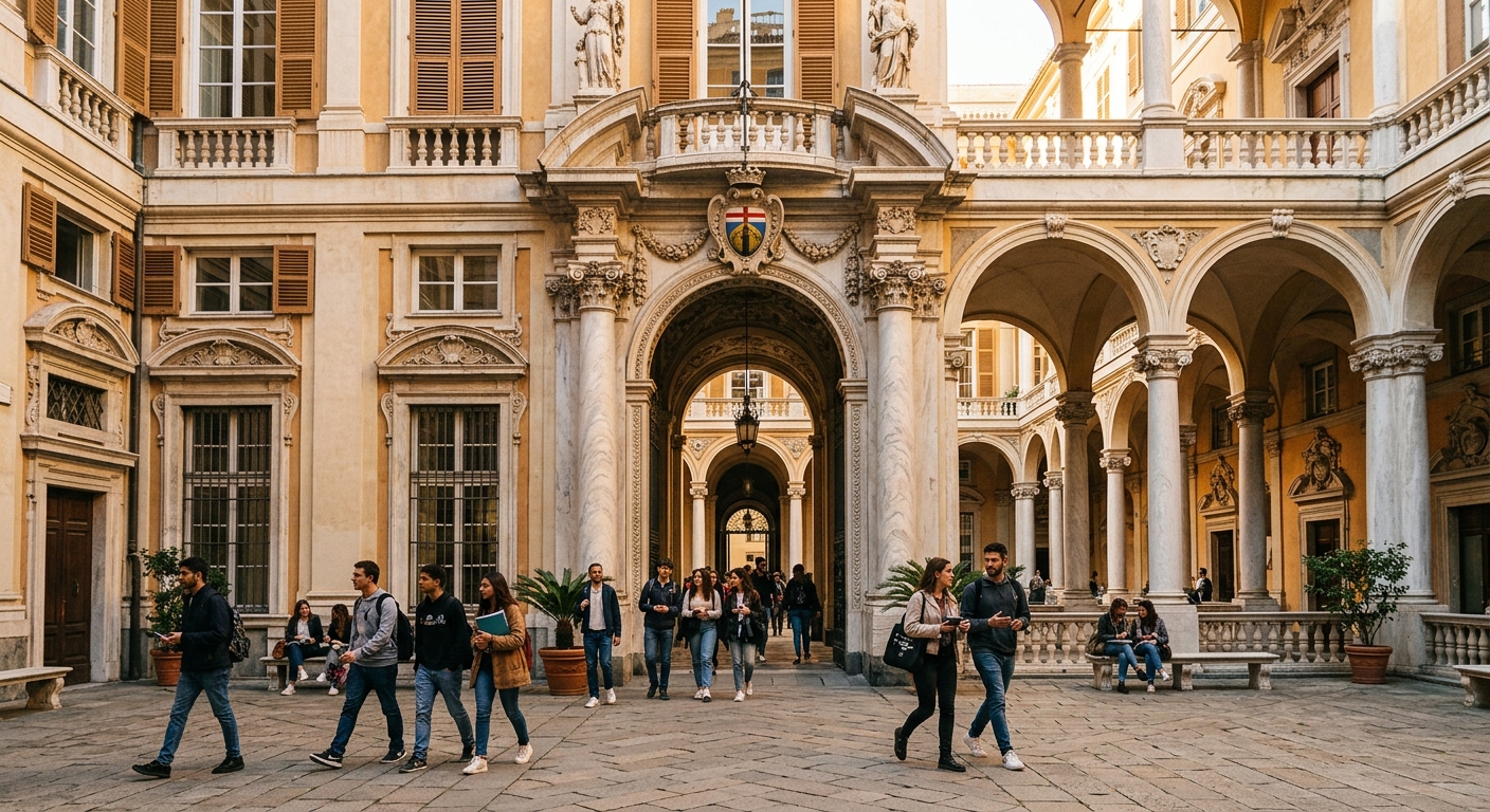 University of Genoa Via Balbi campus, grand baroque palace entrance with ornate columns and arched doorways, students walking through courtyard, warm Mediterranean light