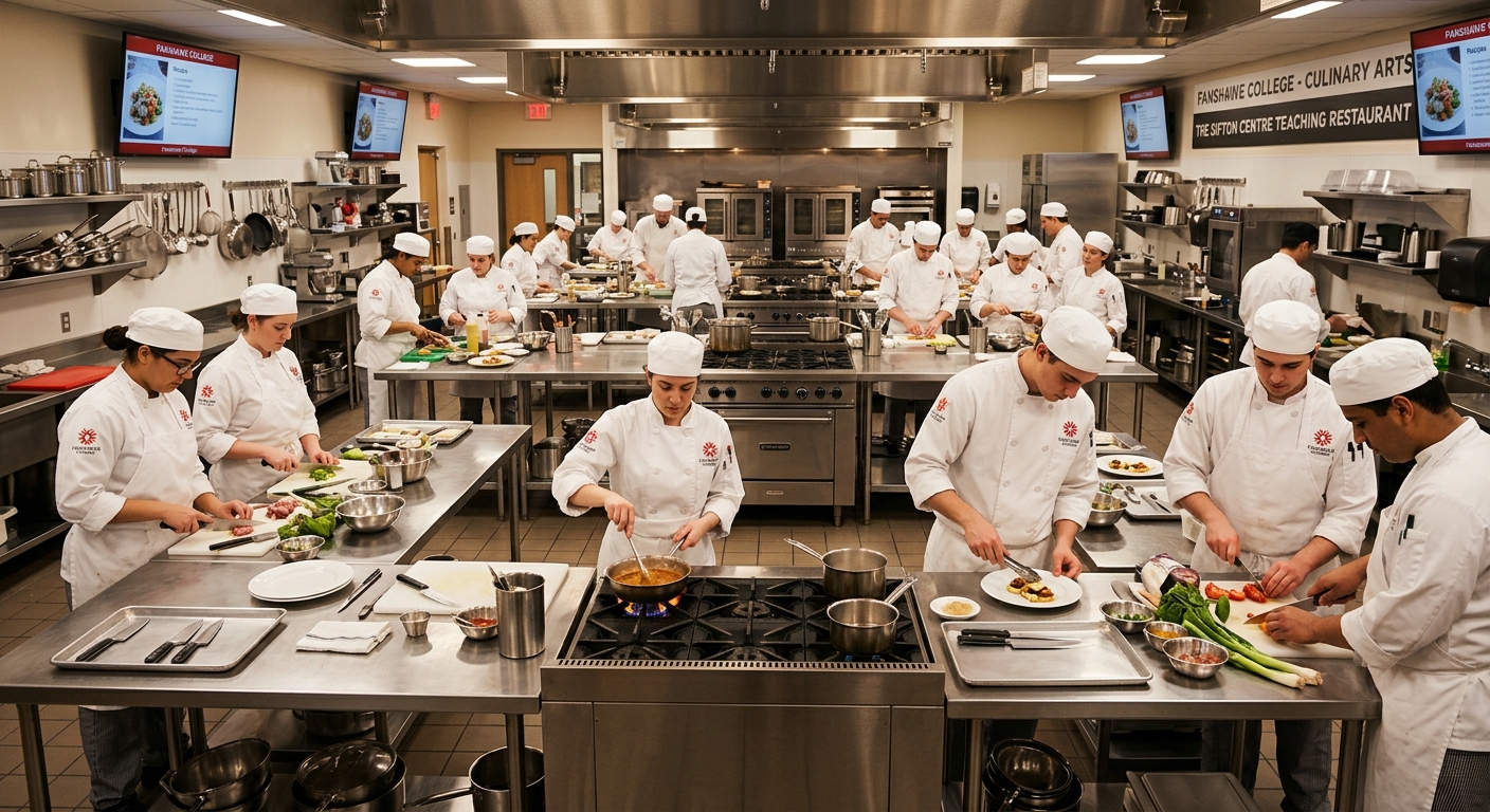 Professional culinary kitchen at Fanshawe College in London Ontario, students in white chef uniforms preparing dishes at stainless steel stations, modern equipment, warm lighting, teaching restaurant environment