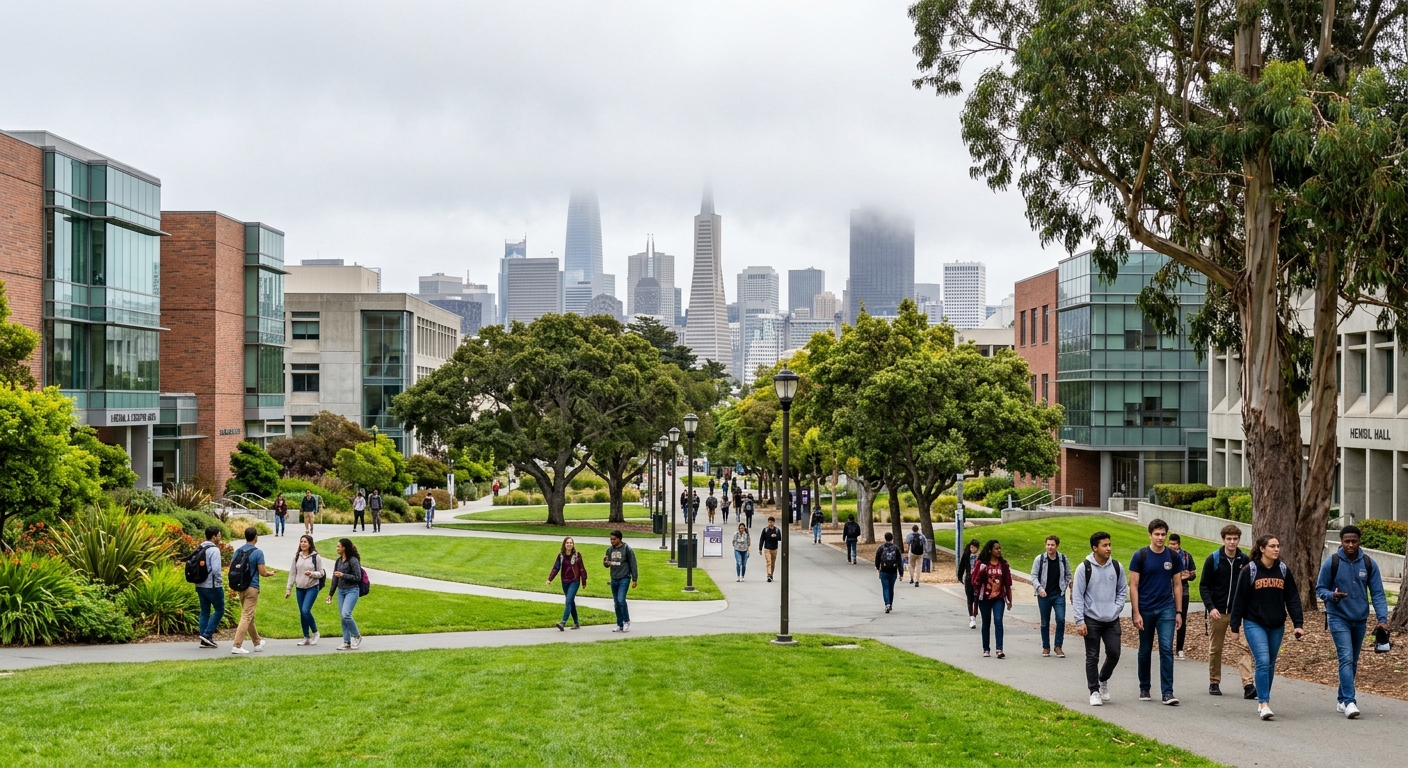 San Francisco State University campus with green lawns and modern academic buildings, foggy San Francisco skyline in the background, students walking along tree-lined pathways