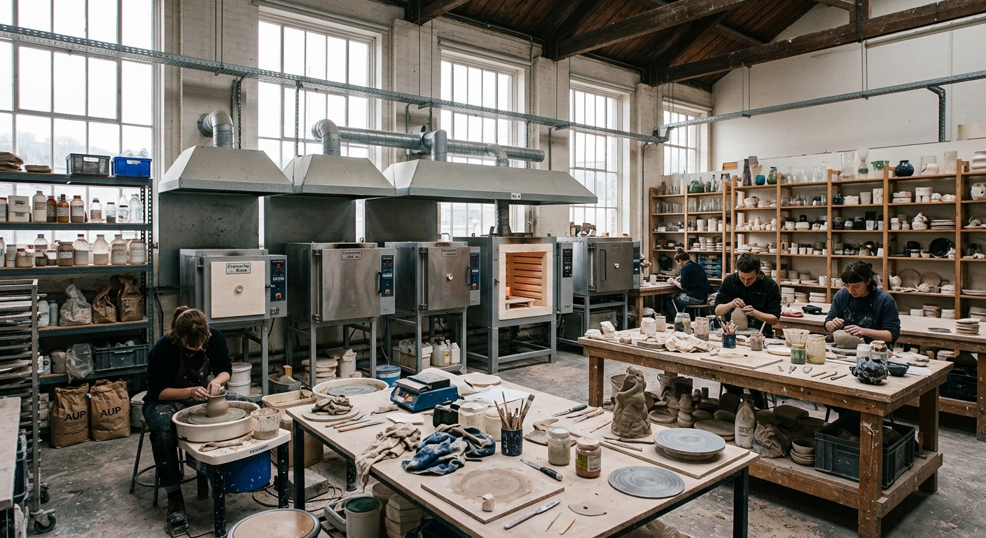 Interior of a specialist art studio at Arts University Plymouth, ceramics and glass workshop with kilns and workbenches, natural light from high windows, creative tools and materials