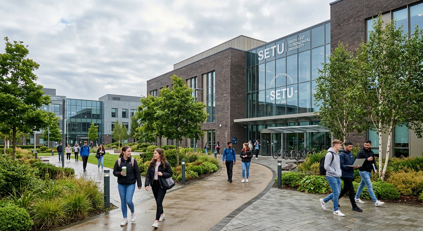 Modern university campus building at South East Technological University in Ireland, students walking along pathways between contemporary glass and brick buildings, green landscaped grounds, overcast Irish sky