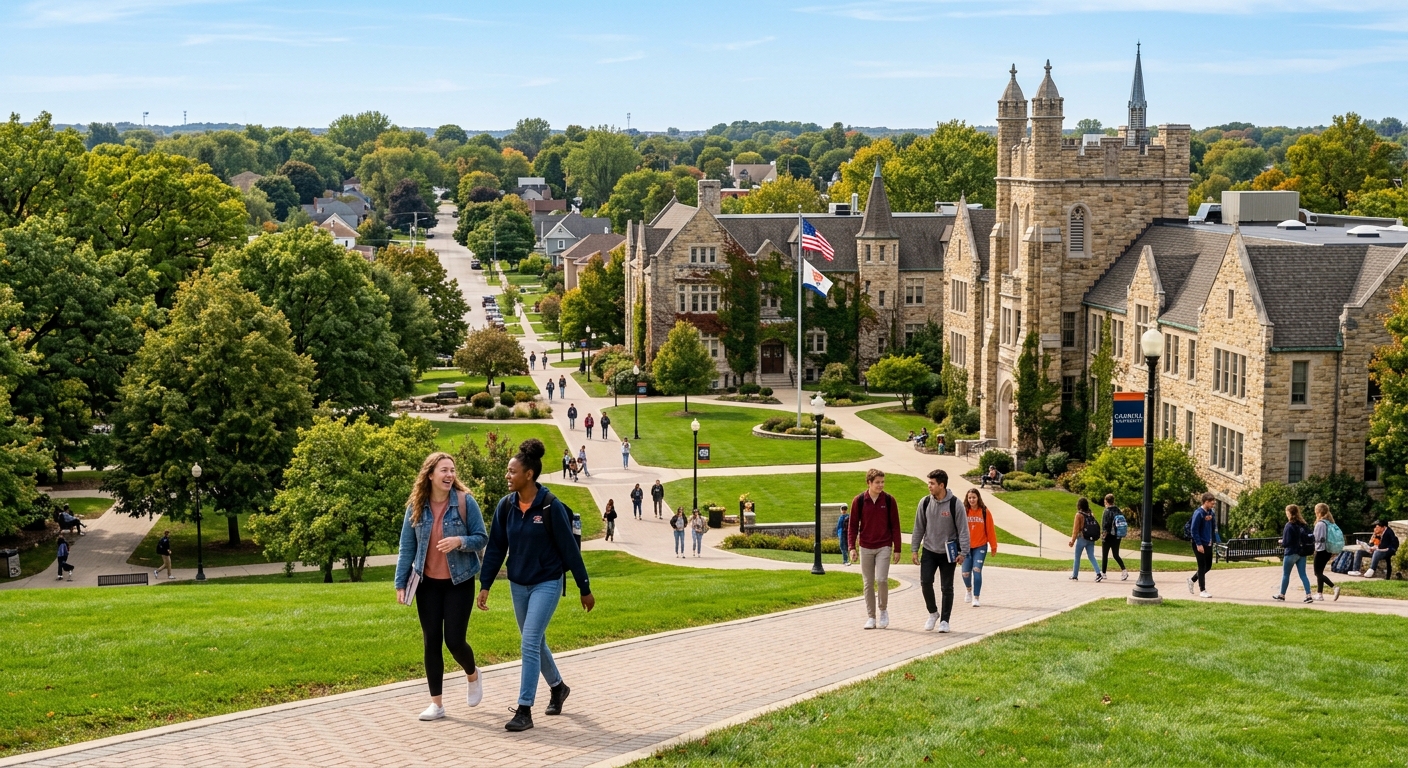 Carroll University campus in Waukesha Wisconsin, historic stone buildings surrounded by green lawns and mature trees, students walking along pathways on a sunny day with suburban setting in the background