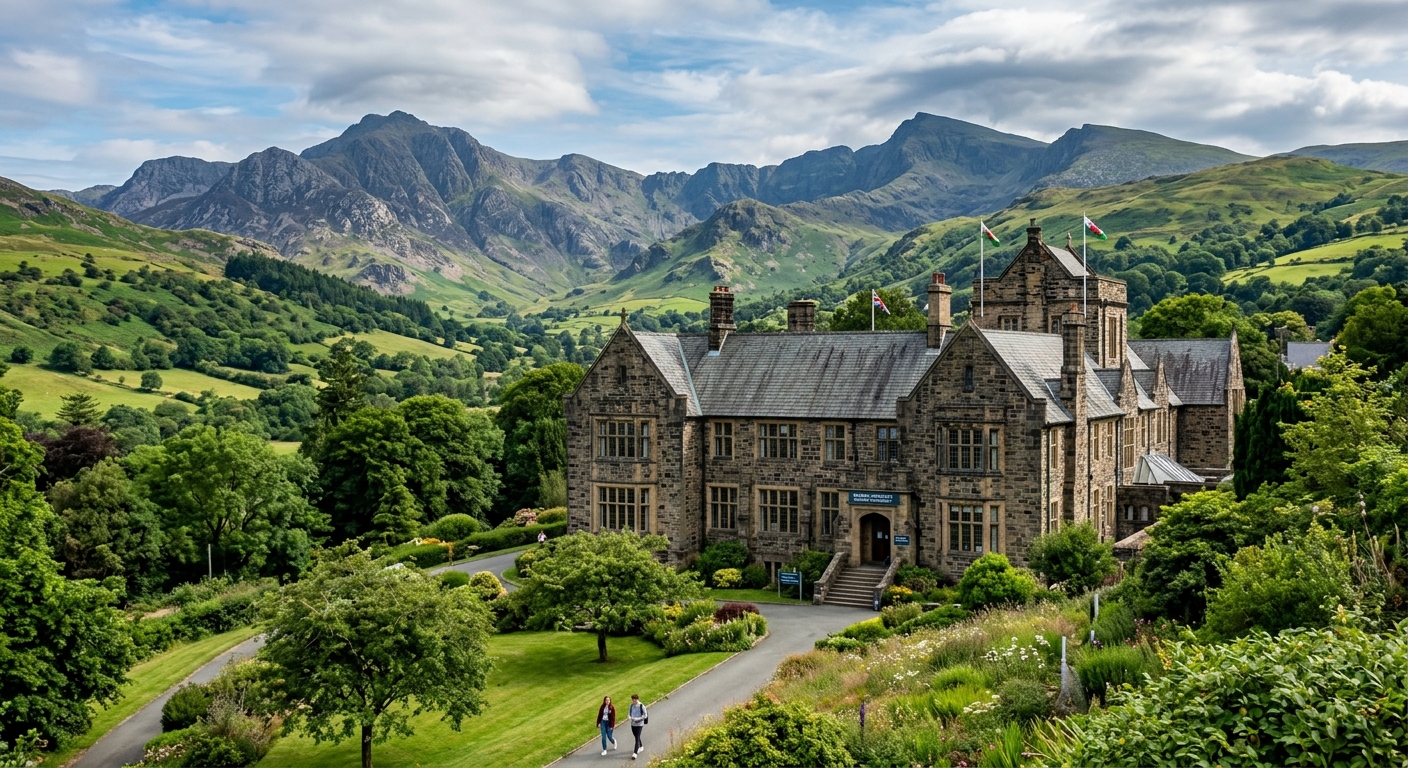 Bangor University School of Psychology building with stone architecture set against the backdrop of Snowdonia mountains and lush green landscape in North Wales, United Kingdom