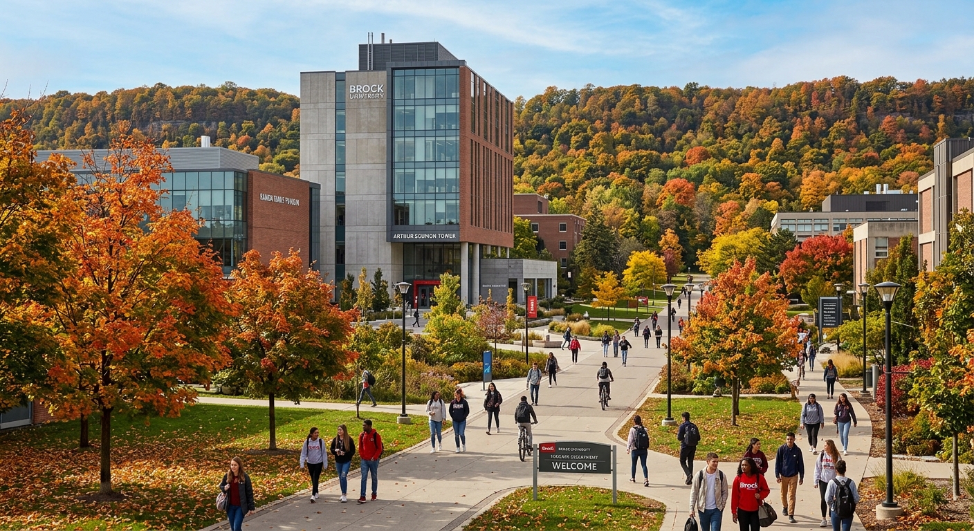 Brock University campus in St. Catharines Ontario with modern academic buildings set against the Niagara Escarpment, students walking along tree-lined pathways in autumn, UNESCO Biosphere Reserve landscape visible in the background