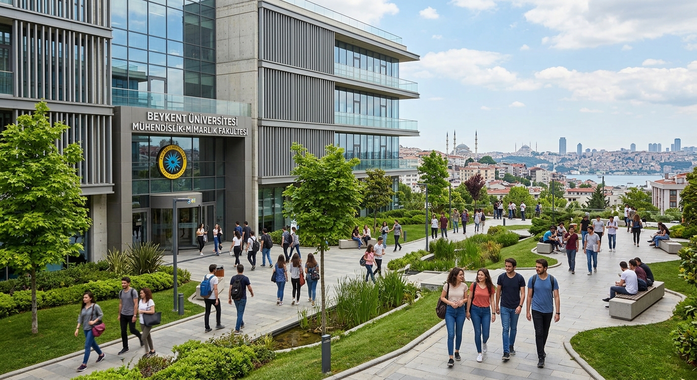Beykent University Faculty of Engineering and Architecture campus building in Istanbul, modern architectural facade with glass and concrete elements, students walking through landscaped courtyard, Istanbul skyline in background