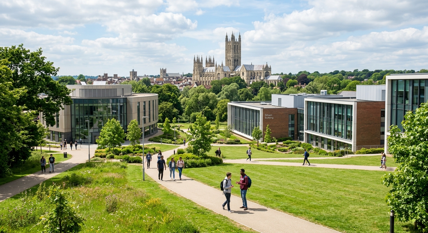 University of Kent Canterbury campus with modern architecture buildings surrounded by green parkland, students walking along pathways, historic Canterbury Cathedral visible in the background, bright daylight with partly cloudy sky