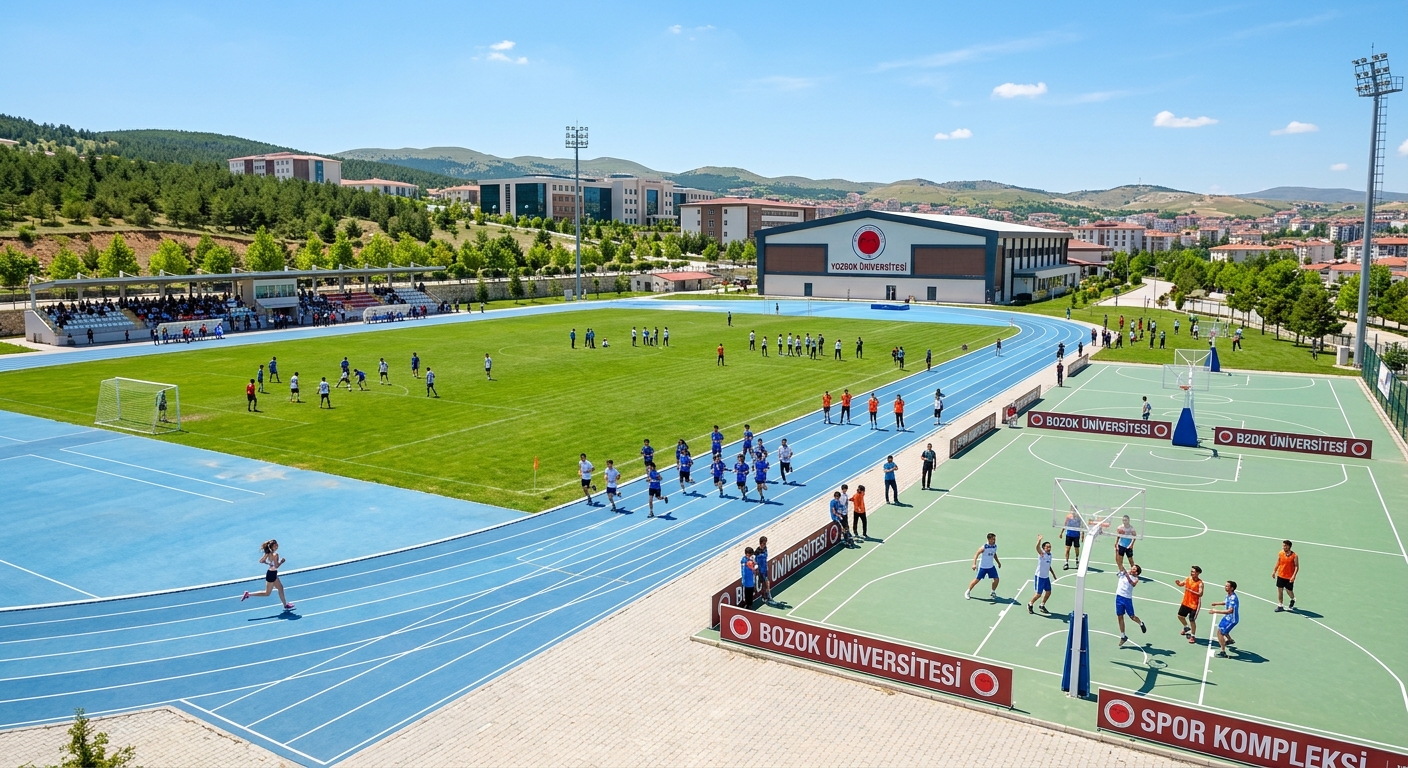 Yozgat Bozok University sports complex with outdoor athletic tracks, basketball courts, green fields, students engaged in sports activities under sunny skies