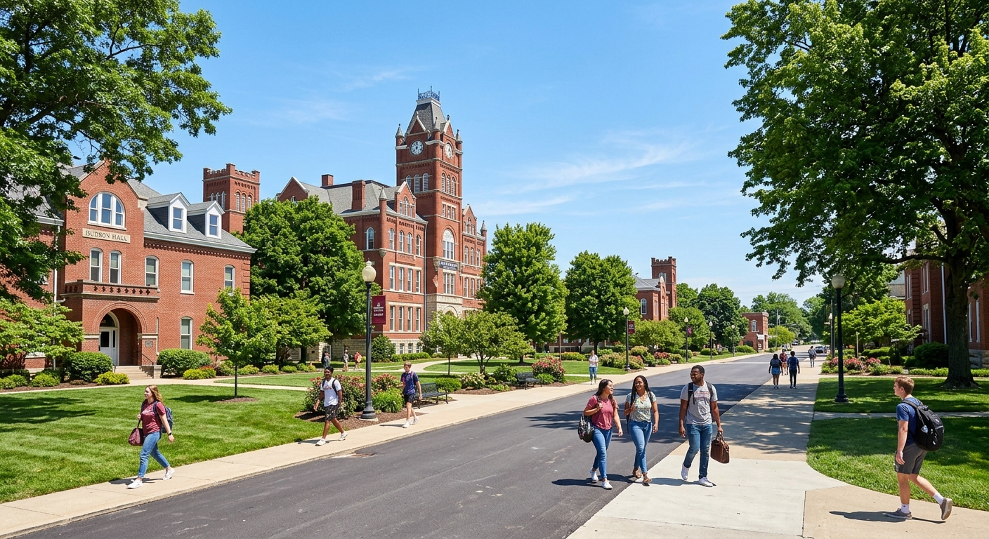 Historic red-brick campus buildings of Blackburn College in Carlinville Illinois surrounded by mature trees and green lawns, students walking on pathways under clear blue sky