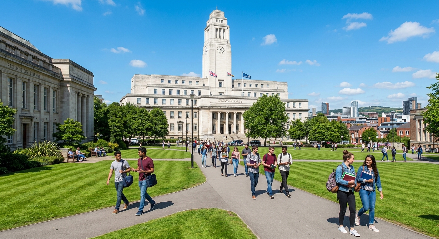 University of Leeds campus with the iconic Parkinson Building in the background, green lawns, students walking with books, clear sky over Leeds cityscape