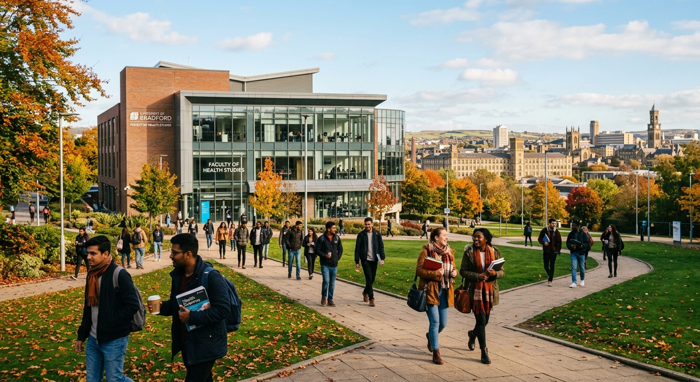 University of Bradford campus with modern health sciences building, green lawns and walkways, students walking with books, West Yorkshire cityscape in background, warm autumn light