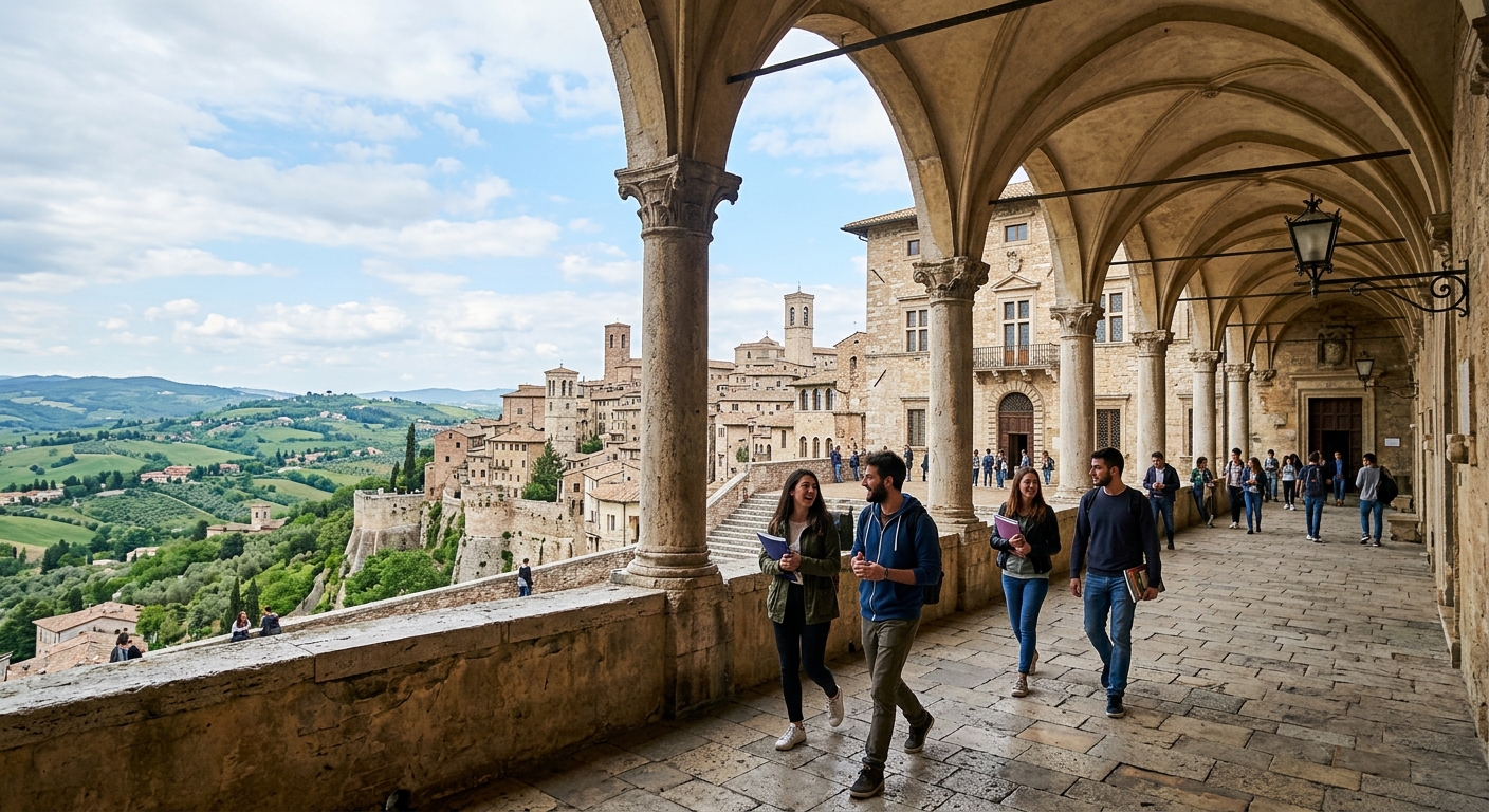 Historic University of Perugia campus building with medieval stone architecture in the heart of Perugia, Umbria, Italy, students walking through arched corridors with green hills visible in the background