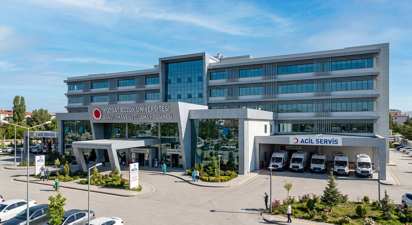 Yozgat Bozok University Research and Application Hospital exterior, modern medical facility building with ambulance entrance, clear sky