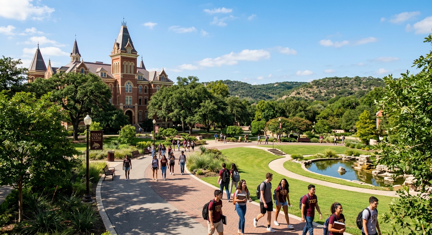 Texas State University campus in San Marcos with Old Main building, students walking along tree-lined pathways, Texas hill country landscape in background, sunny day with blue sky