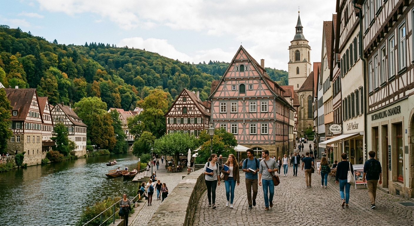 Historic University of Tübingen campus with half-timbered buildings along the Neckar River, students walking through cobblestone streets, lush green hills in the background, Baden-Württemberg Germany