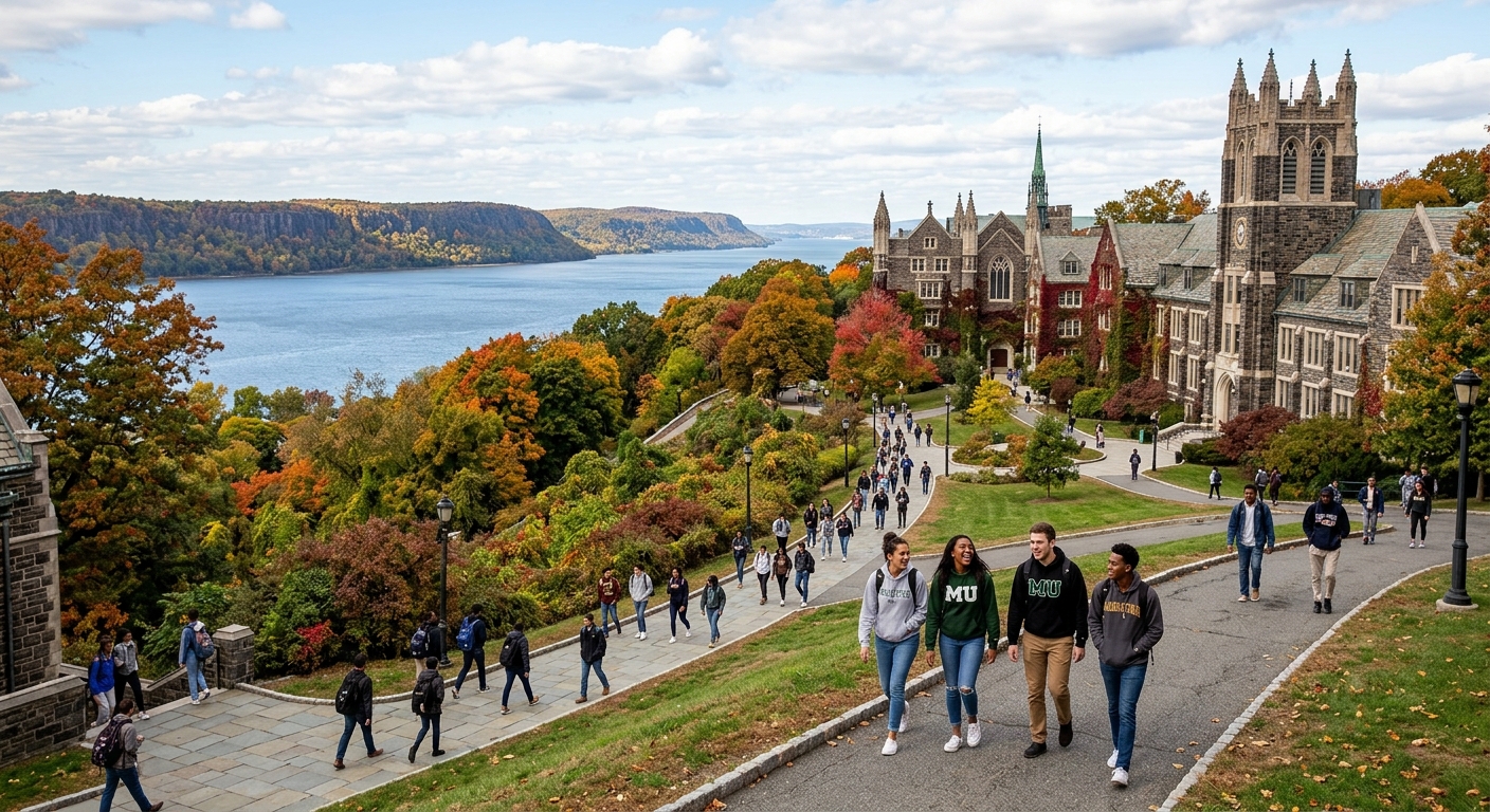 Manhattan University campus in Riverdale, New York with Gothic-style academic buildings surrounded by green trees, students walking on pathways, Hudson River visible in the background, bright autumn day