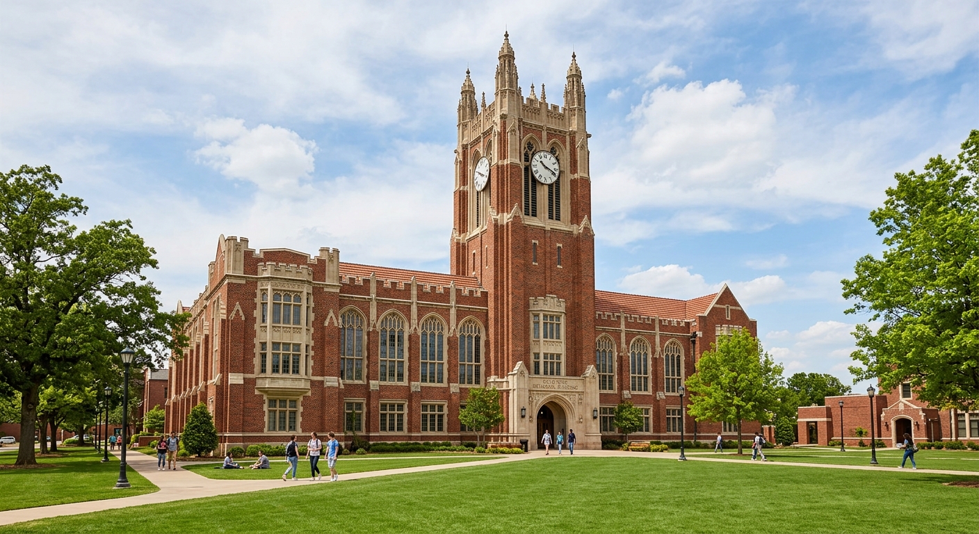 Gold Star Memorial Building at OCU, historic red brick collegiate Gothic architecture, tall tower with clock, green lawn in foreground