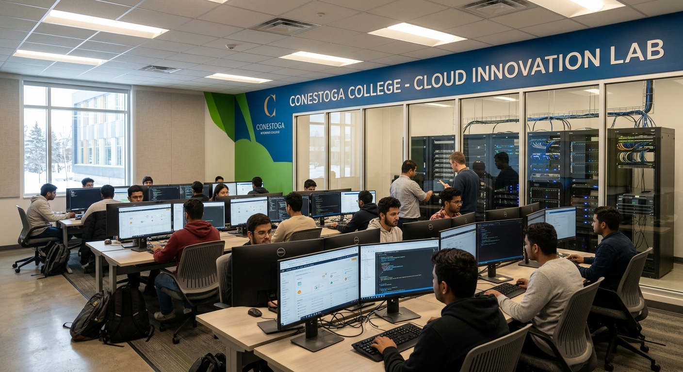 Modern computer lab at Conestoga College with students working on cloud infrastructure dashboards, server racks visible through glass walls, bright overhead lighting, Kitchener Ontario campus setting