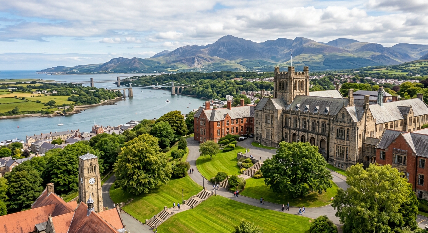 Historic Bangor University campus buildings with lush green grounds, set against the dramatic backdrop of Snowdonia mountains and the Menai Strait in North Wales, United Kingdom