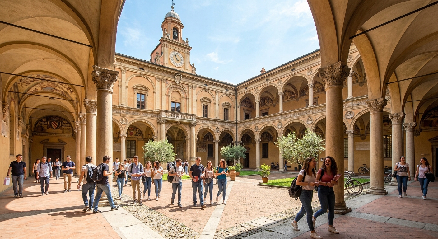 Historic University of Bologna campus building with classical Italian architecture, arched corridors, and students walking through a sunlit courtyard in Bologna, Italy