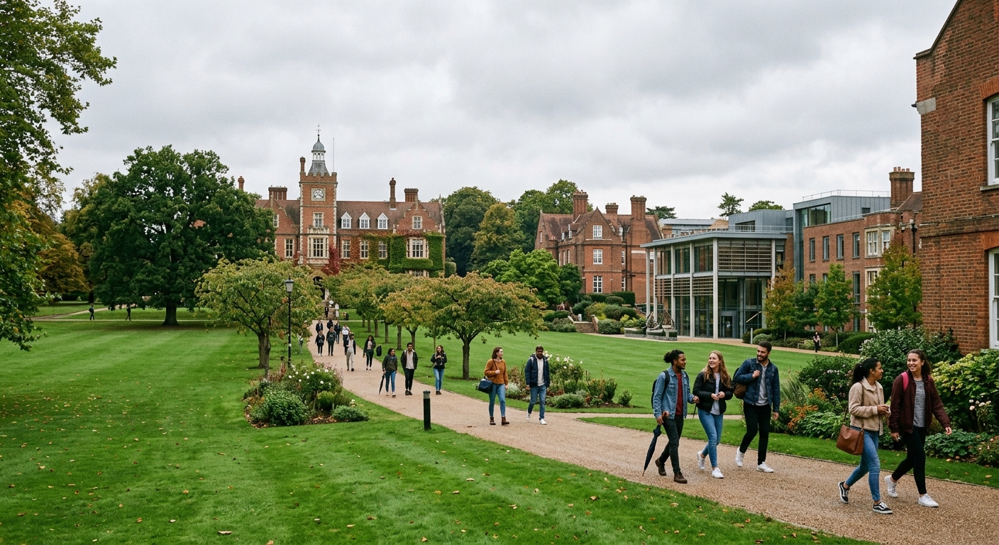 University of Roehampton historic parkland campus in southwest London, green lawns with mature trees, traditional brick college buildings alongside modern facilities, students walking along tree-lined pathways, overcast English sky