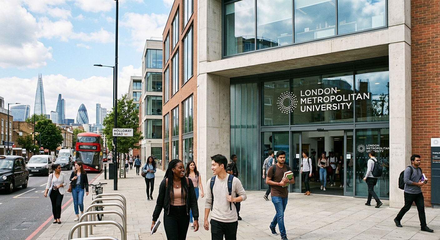 Modern London Metropolitan University campus building in Holloway Road, London, with diverse international students walking through the entrance, city skyline visible in the background, bright daylight