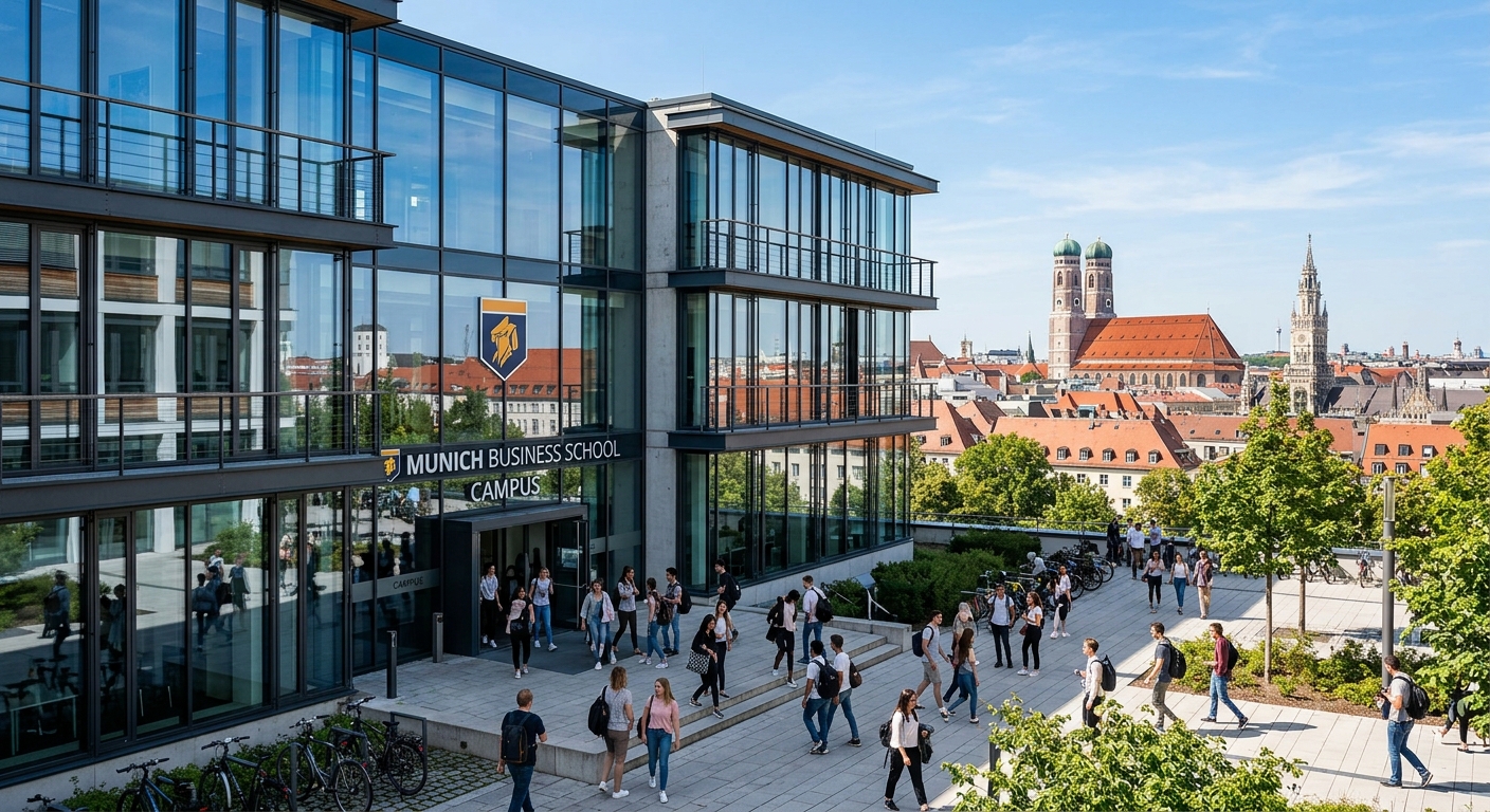 Modern Munich Business School campus building exterior with glass facade, students walking near the entrance, Munich cityscape with Bavarian architecture visible in the background, sunny day with blue sky