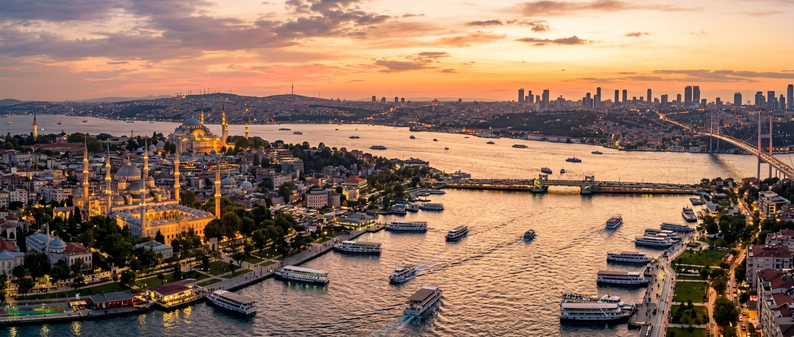 Panoramic view of Istanbul skyline at golden hour, Bosphorus strait with ferries, historic mosques and modern skyscrapers, bridges connecting Europe and Asia, vibrant urban landscape