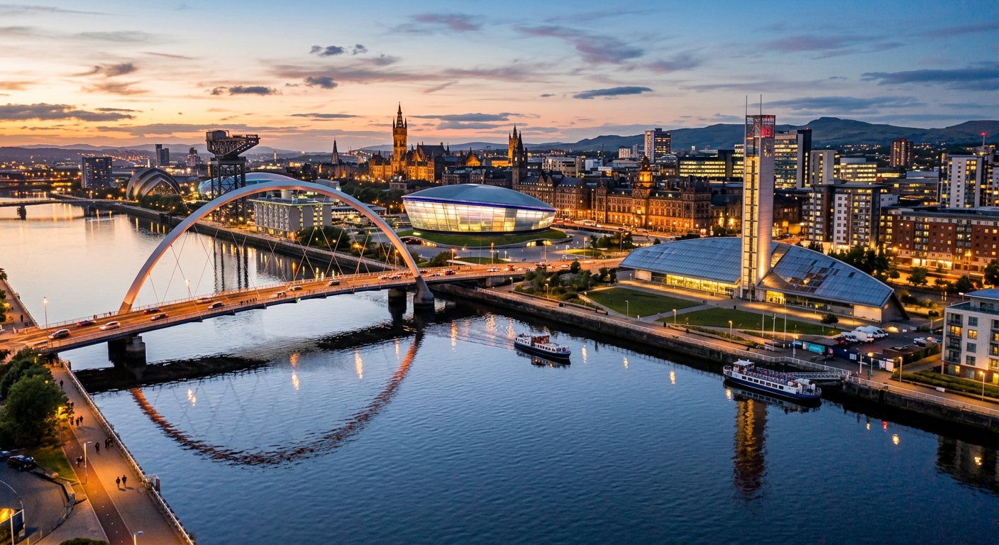 Glasgow city skyline at dusk, River Clyde in foreground with modern Clyde Arc bridge, historic and modern buildings, warm evening light reflecting on water