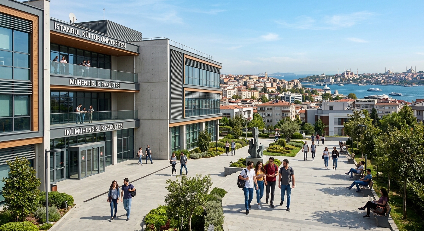 Istanbul Kültür University Bakırköy campus modern engineering building with students walking through courtyard, Istanbul cityscape in background, clear sky, contemporary architecture