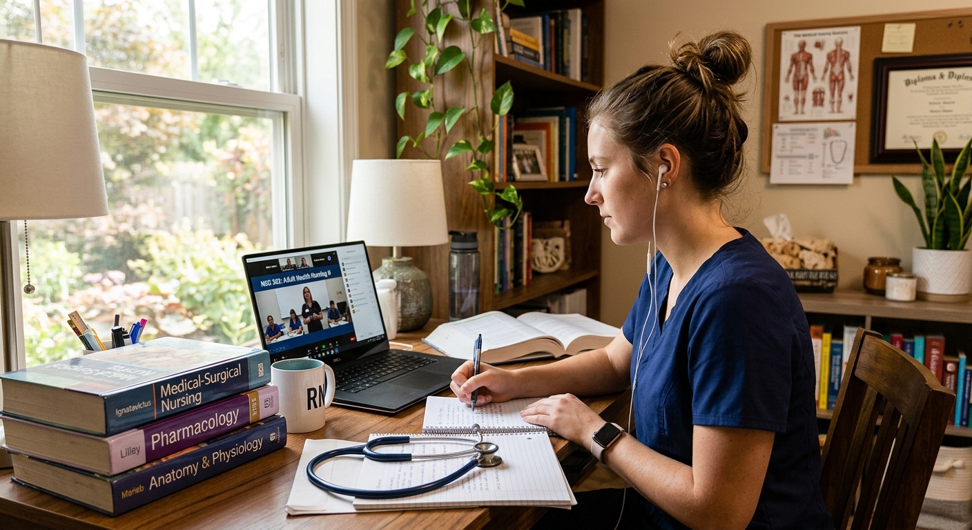 Distance learning nursing student studying on a laptop at home with clinical nursing textbooks, stethoscope on desk, and a virtual lecture visible on screen, warm home office setting with natural light