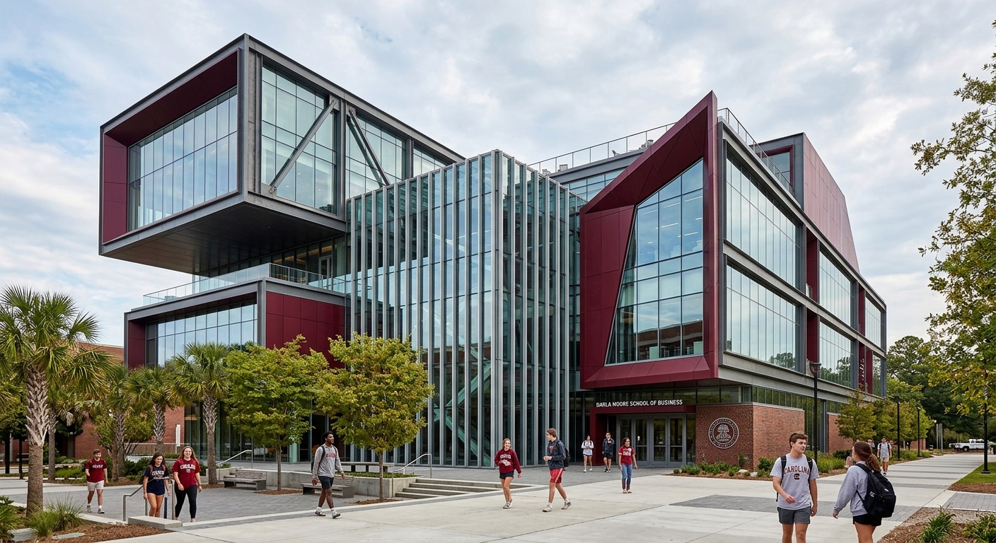 Modern exterior of the Darla Moore School of Business building at the University of South Carolina, featuring contemporary glass and steel architecture with garnet accents