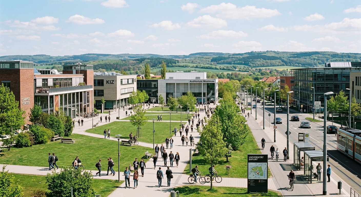 University of Erfurt modern campus wide shot, contemporary academic buildings along Nordhäuser Straße, green lawns and walking paths, students crossing campus, Thuringian landscape in background, clear daylight