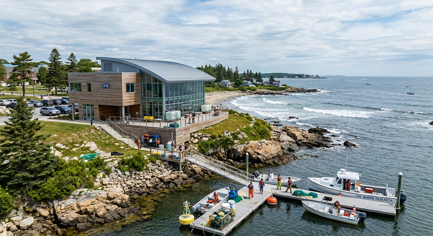 Girard Marine Science Center at UNE Biddeford campus, modern research building overlooking the ocean with marine research equipment visible, coastal Maine setting