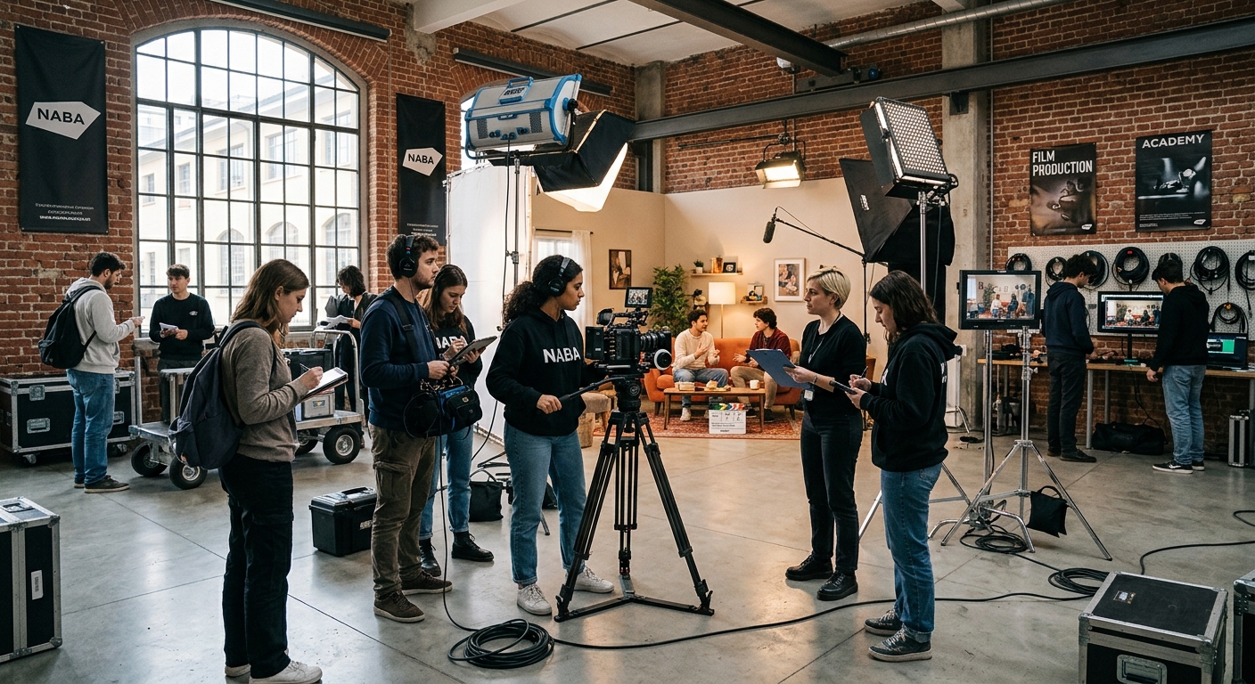 Modern film studio set at NABA Milan campus with professional lighting equipment, cameras on tripods, students collaborating on a film production, creative industrial-style interior with exposed brick walls and large windows