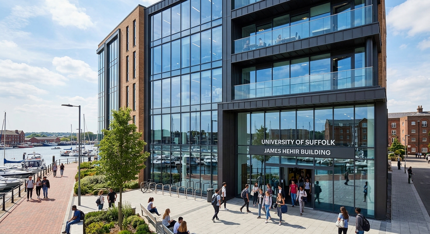 James Hehir Building at University of Suffolk, six-storey modern academic building with large windows, students entering through main entrance, urban campus setting